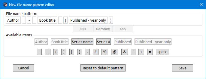 eBook rename pattern editor Windows screenshot